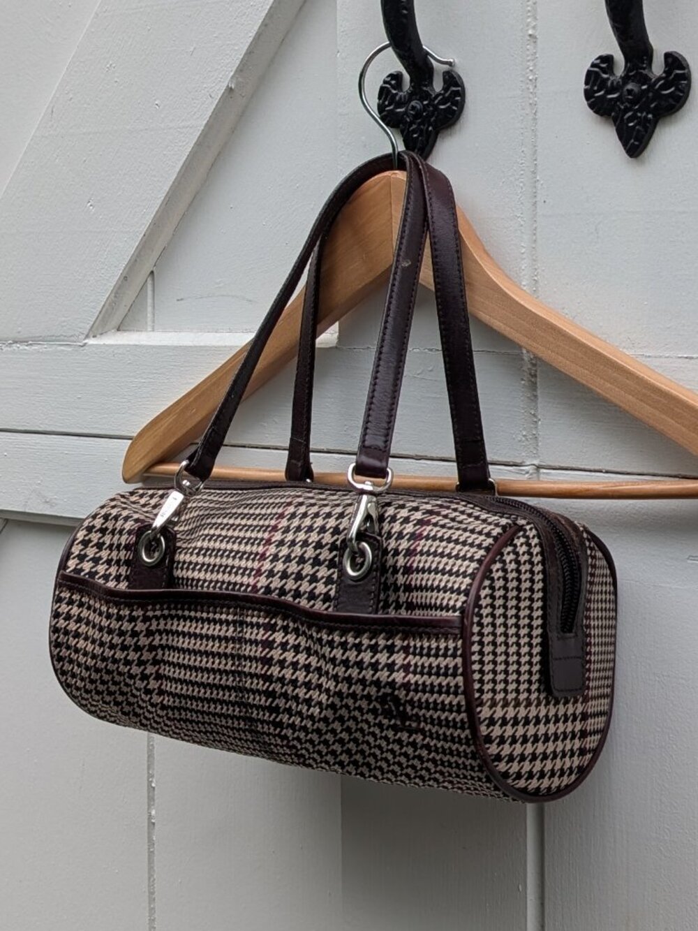 Vintage 90s Lauren Ralph Lauren Houndstooth Leather Trim Barrel Baguette Bag